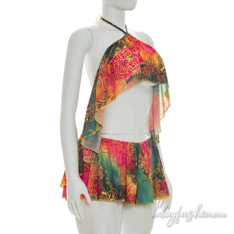 Halter self tie print ruffle backless pant set