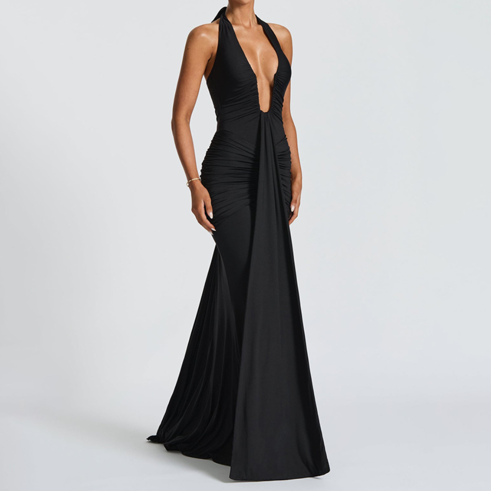 Deep v neck ruched backless maxi dress  | Festival Outfits Women