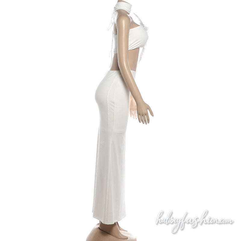 Halter self tie feather backless maxi skirt set