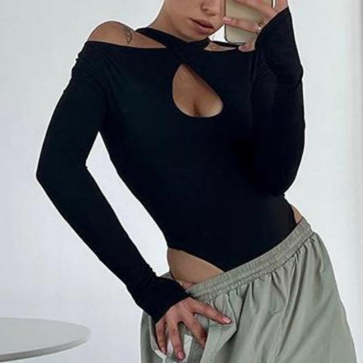 Hollow out long sleeve gloves solid bodysuit  | Festival Outfits Women