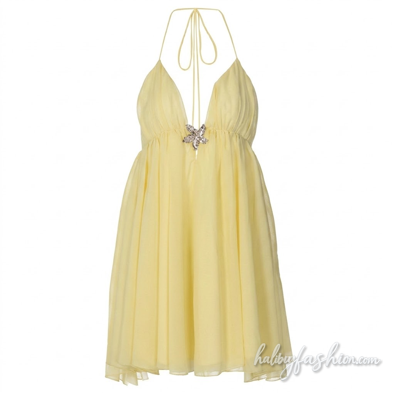 Halter self tie v neck ruched chiffon mini dress