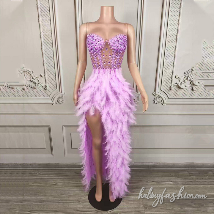 Feather slit beaded irregular backless maxi dress