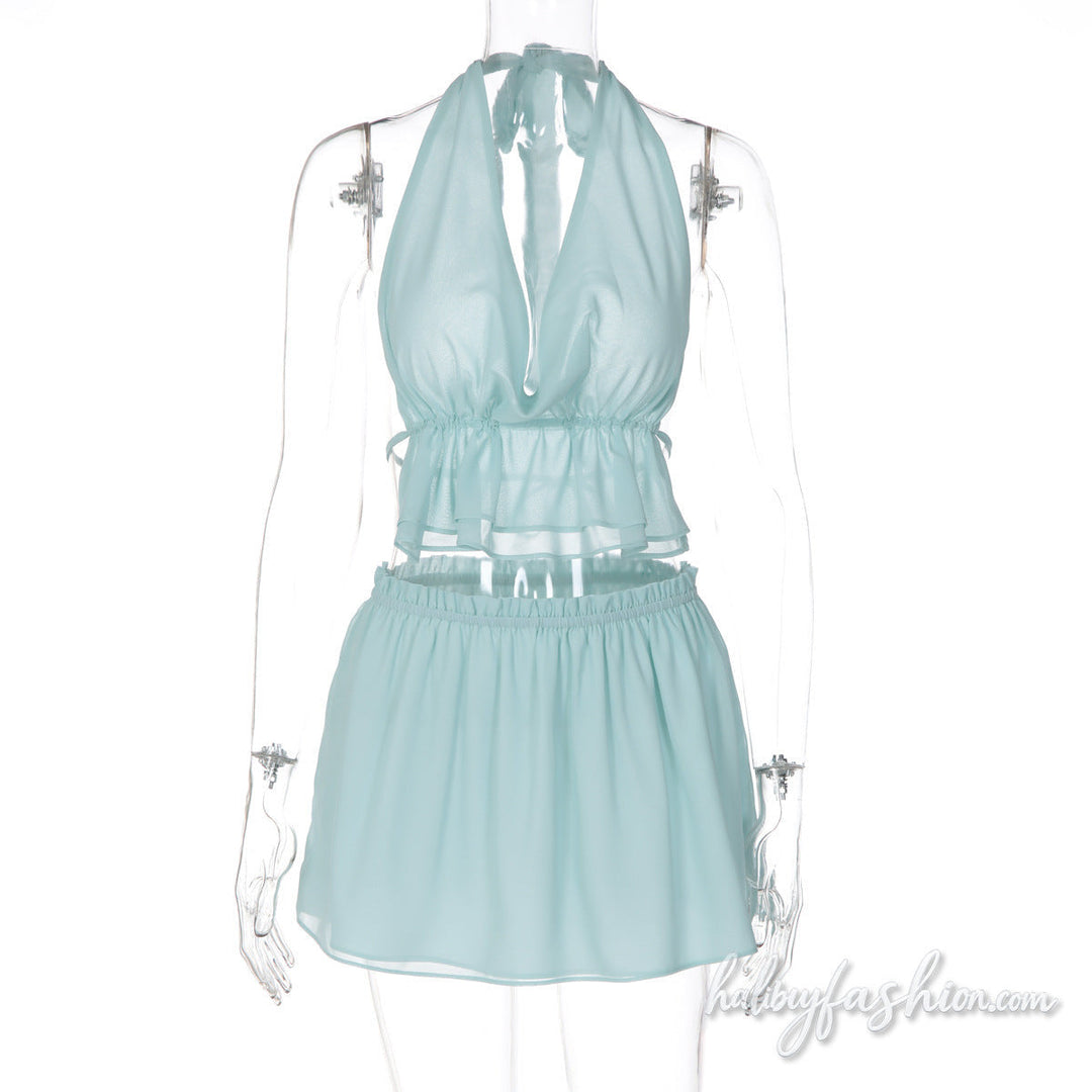 Halter self tie ruched chiffon cowl neck mini skirt set - Halibuy - 2