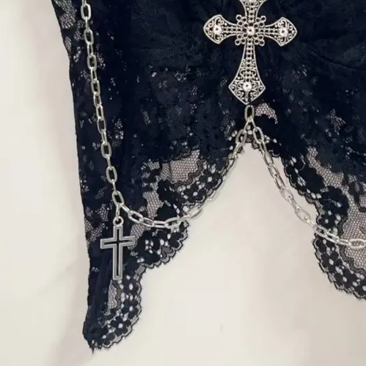 Lace metal chain cross applique v neck cami top  | Festival Outfits Women