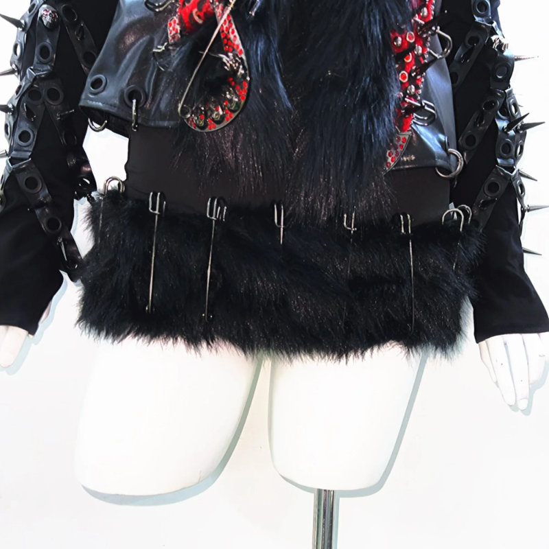 Fluffy rivet applique PU leather v neck o ring top