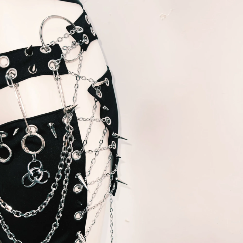 Halter o ring rivet PU leather zip-up mini skirt set Cargo Mini Skirt  | Festival Outfits Women