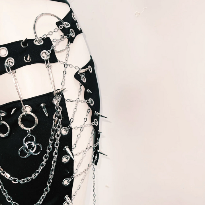 Halter o ring rivet PU leather zip-up mini skirt set Cargo Mini Skirt  | Festival Outfits Women