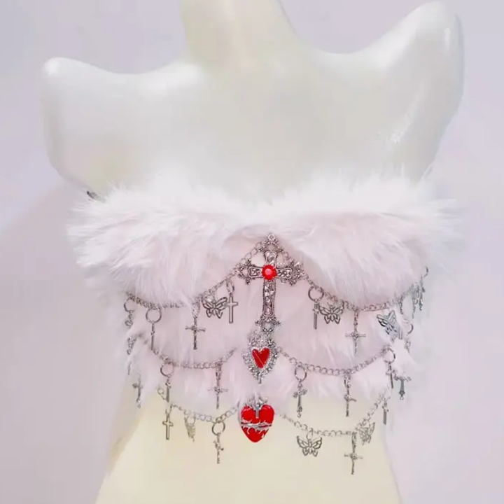 Fluffy metal chain cross applique tube top  | Festival Outfits Women