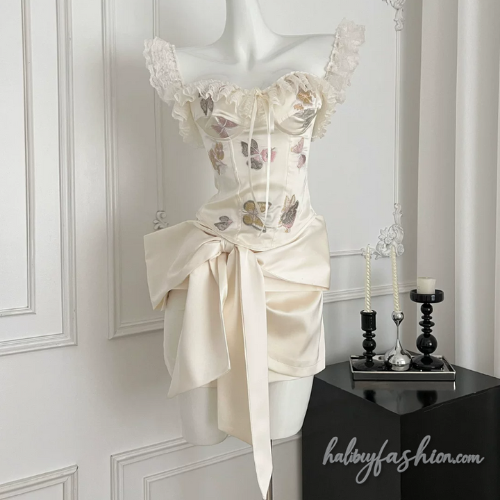 Lace hem butterfly embroidery irregular mini skirt set - Halibuy