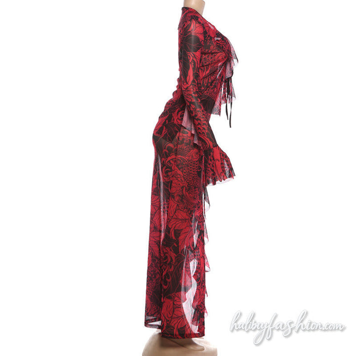Long flared sleeve v neck self tie print slit maxi skirt set