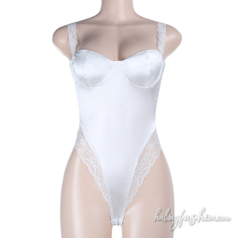 Lace hem satin backless solid cami bodysuit