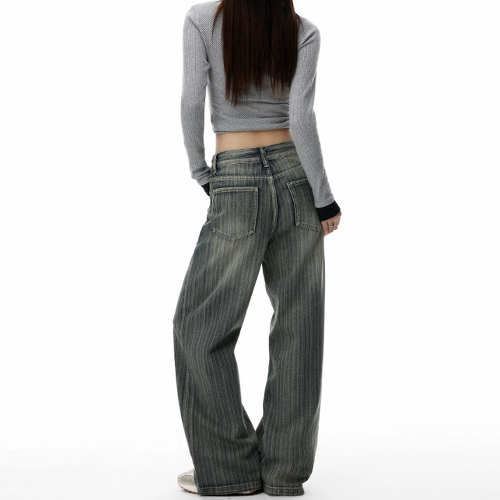 Striped pocket button low rise straight leg | Baggy Low Rise Jeans