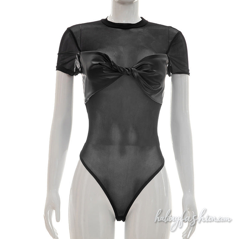 Crewneck short sleeve ruched mesh bodysuit