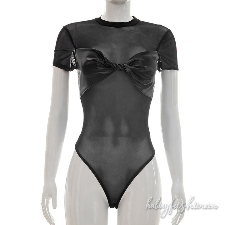 Crewneck short sleeve ruched mesh bodysuit