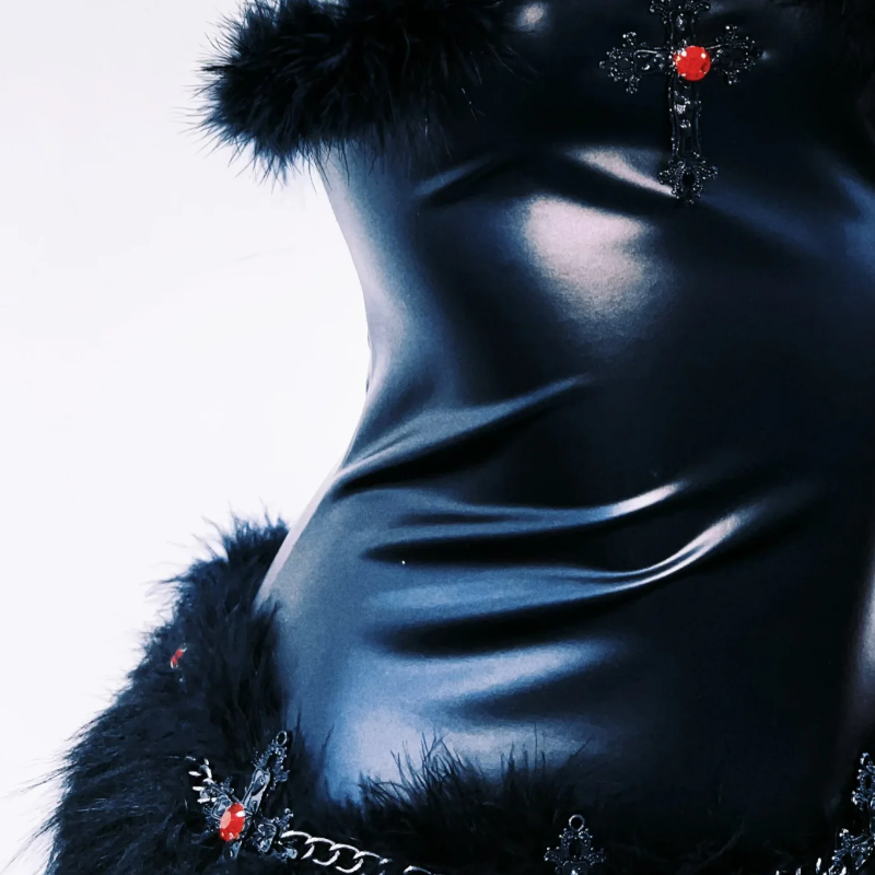 Fluffy high neck PU leather metal chain mini dress