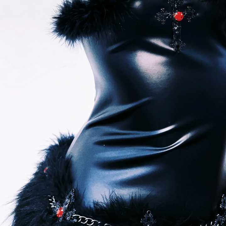 Fluffy high neck PU leather metal chain mini dress