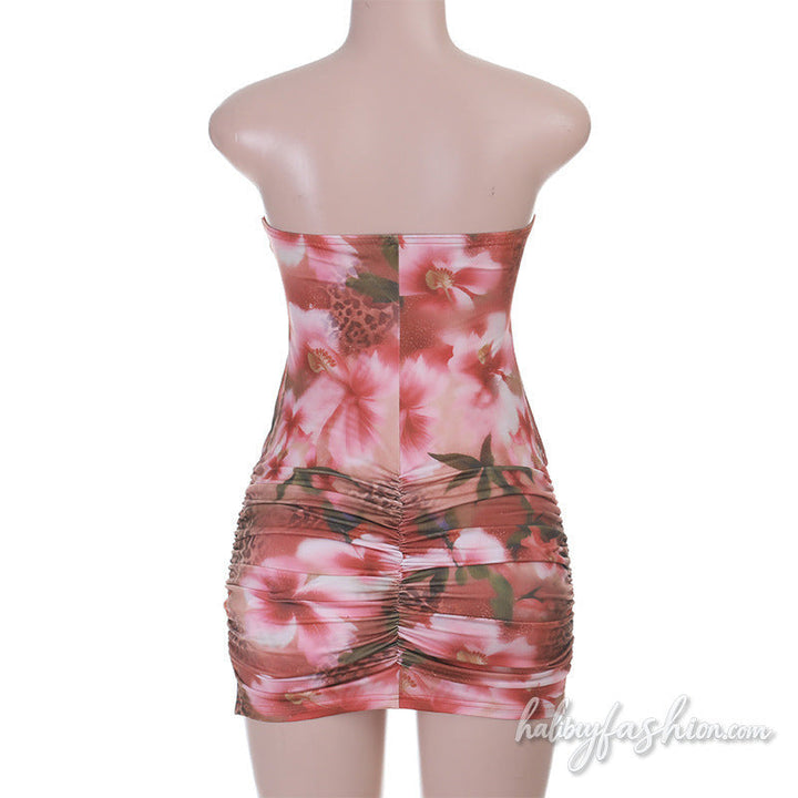 Ruched print backless tube mini dress