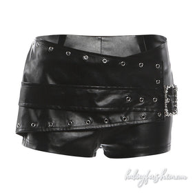 Buckle PU leather zip-up irregular short pant