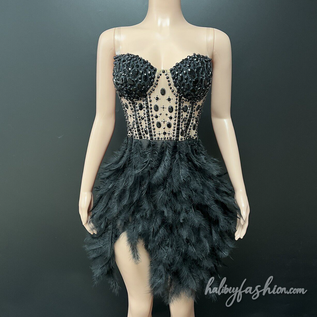 Beaded feather irregular v neck cami mini dress