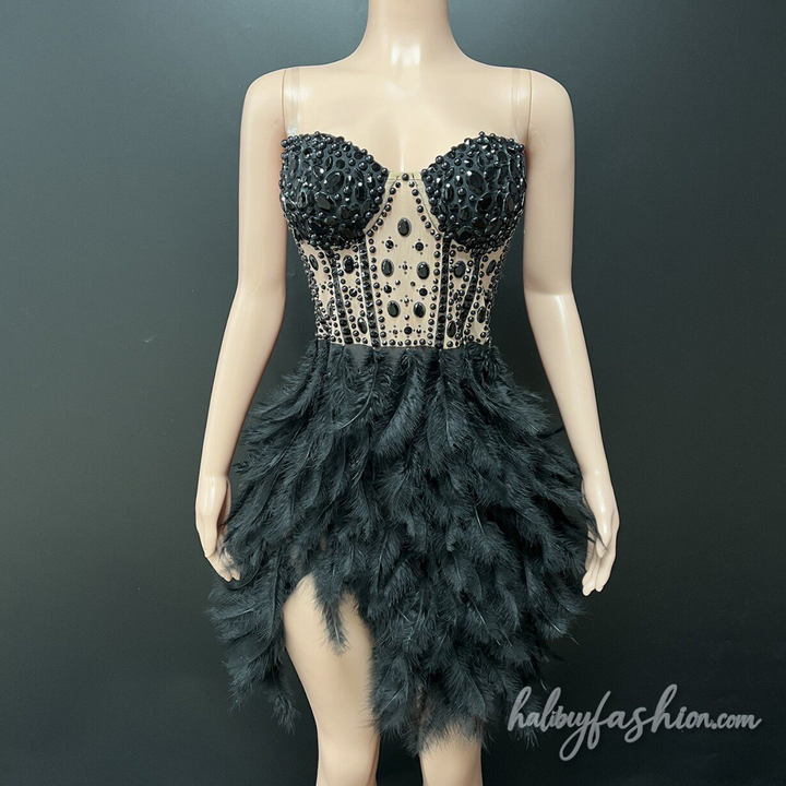 Beaded feather irregular v neck cami mini dress