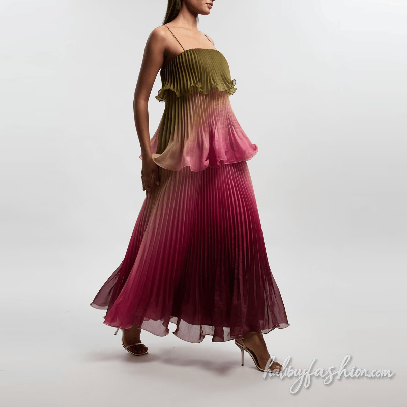Gradient ruched square neck ruffle cami maxi dress - Halibuy - 3