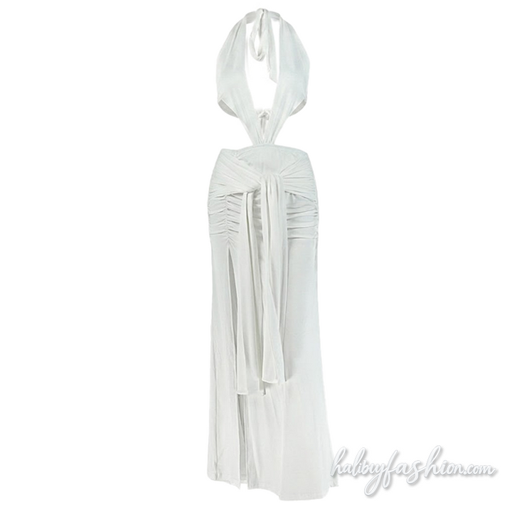 Ruched deep V neck halter self tie slit maxi dress - Halibuy - 2