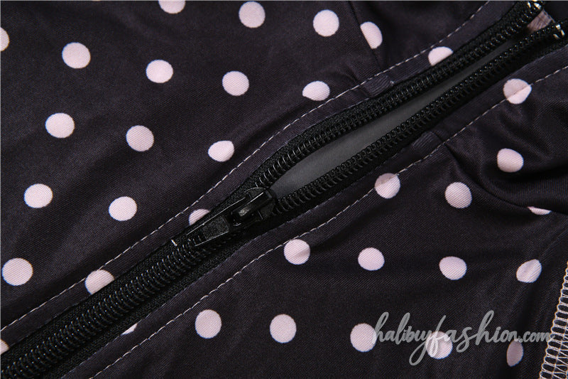 Short sleeve polka dot zip-up letter pattern stitch pant set