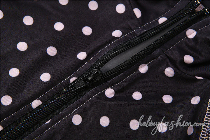 Short sleeve polka dot zip-up letter pattern stitch pant set