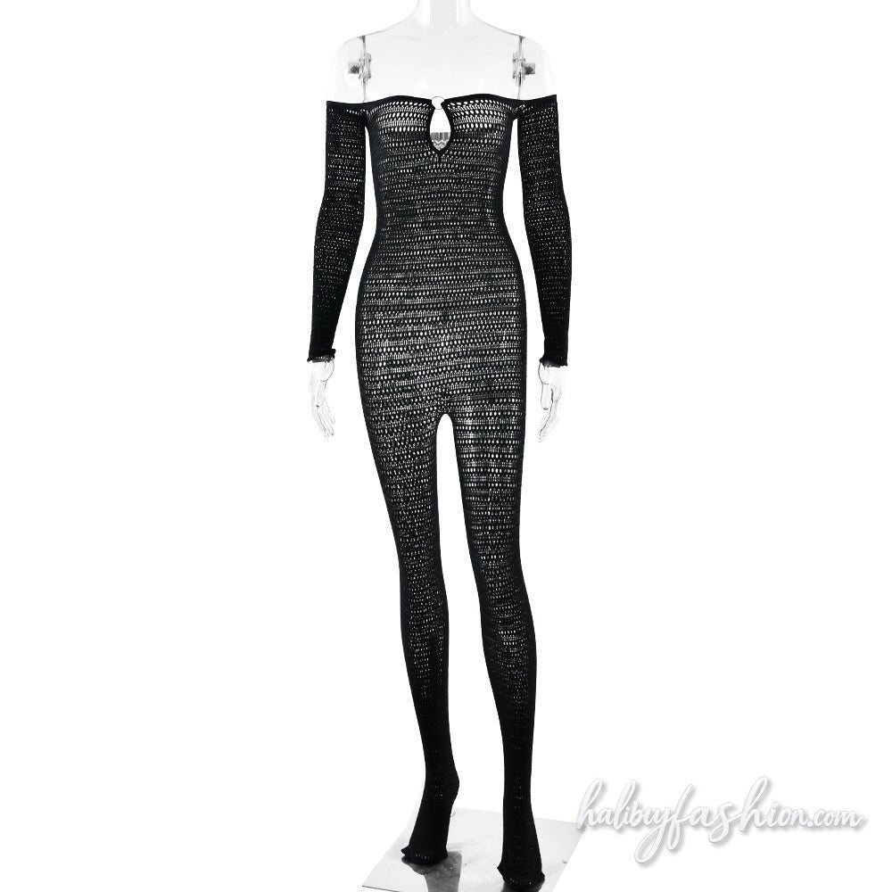 Off shoulder long sleeve hollow out o ring jumpsuit