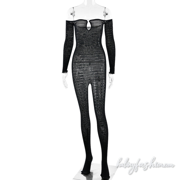 Off shoulder long sleeve hollow out o ring jumpsuit