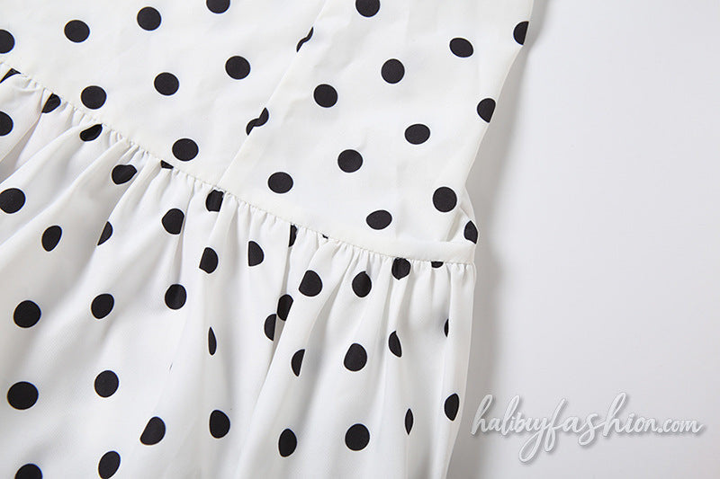 Polka dot halter irregular zip-up ruched mini dress
