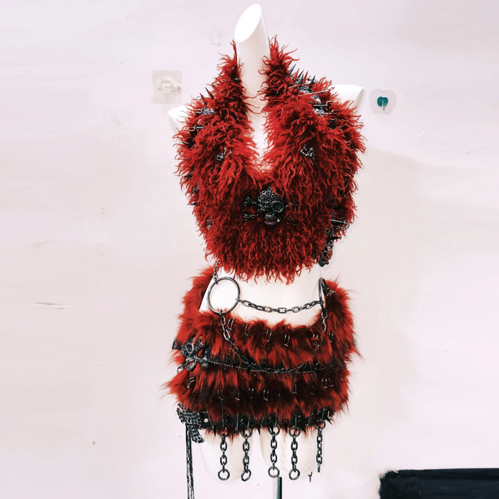 Skull applique o ring metal chain fluffy mini skirt set  | Festival Outfits Women