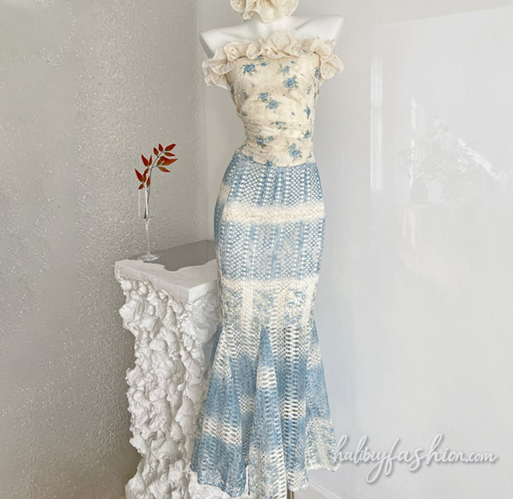 Ruffle flower print hollow out tube maxi skirt set - Halibuy - 2