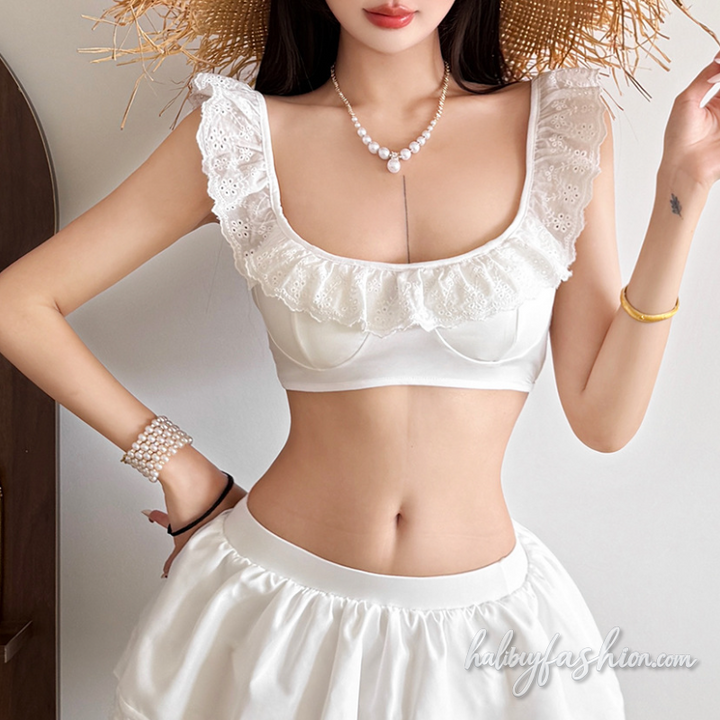 Ruffle u neck sleeveless self tie backless top