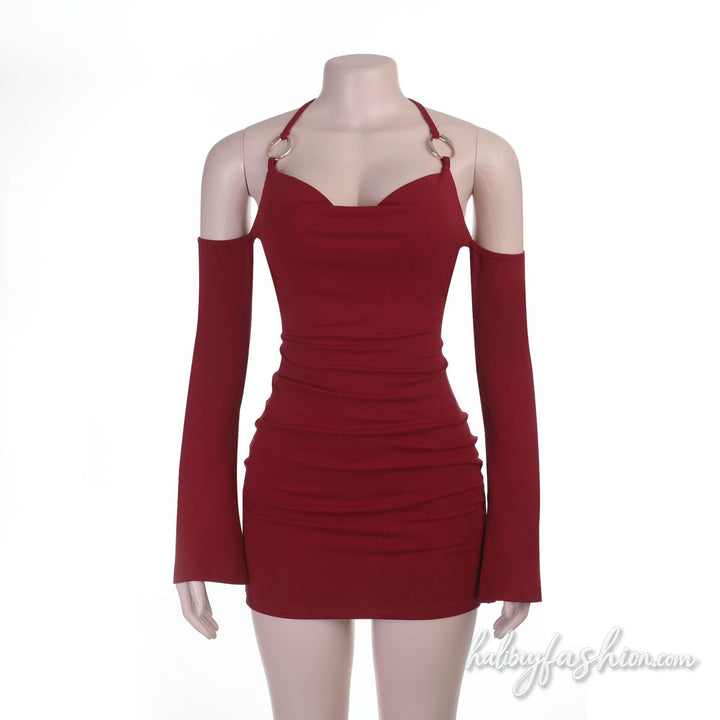Halter self tie off shoulder long sleeve mini dress