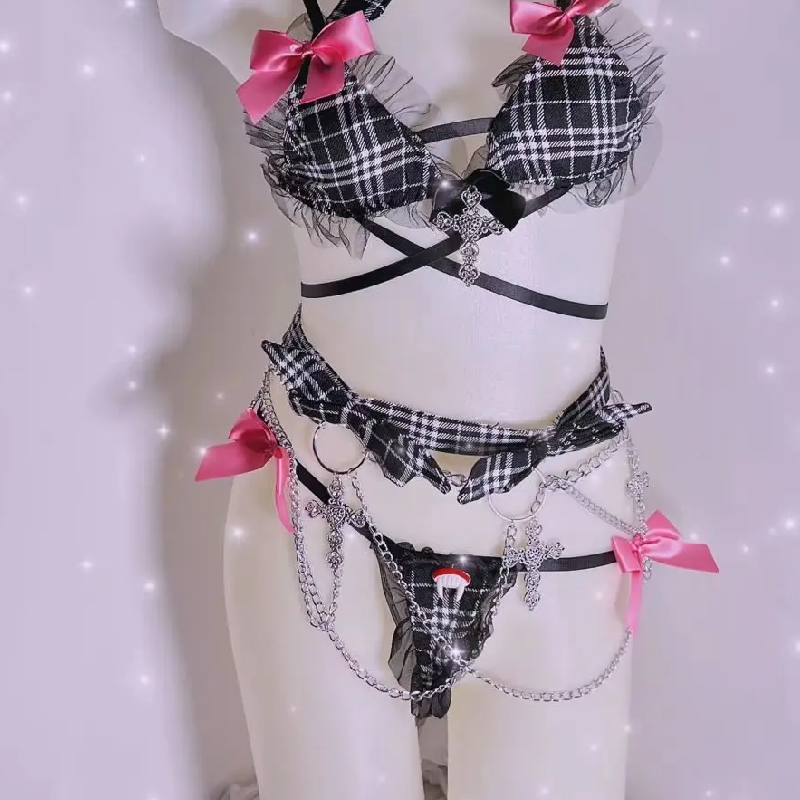 Plaid print bowknot metal chain short pant set  | Festival Outfits Women