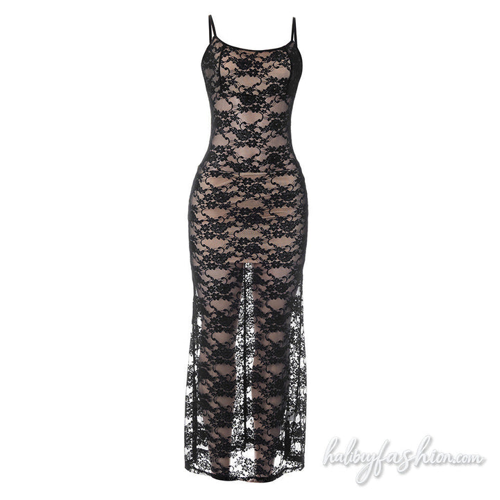Lace u neck backless cami maxi dress - Halibuy