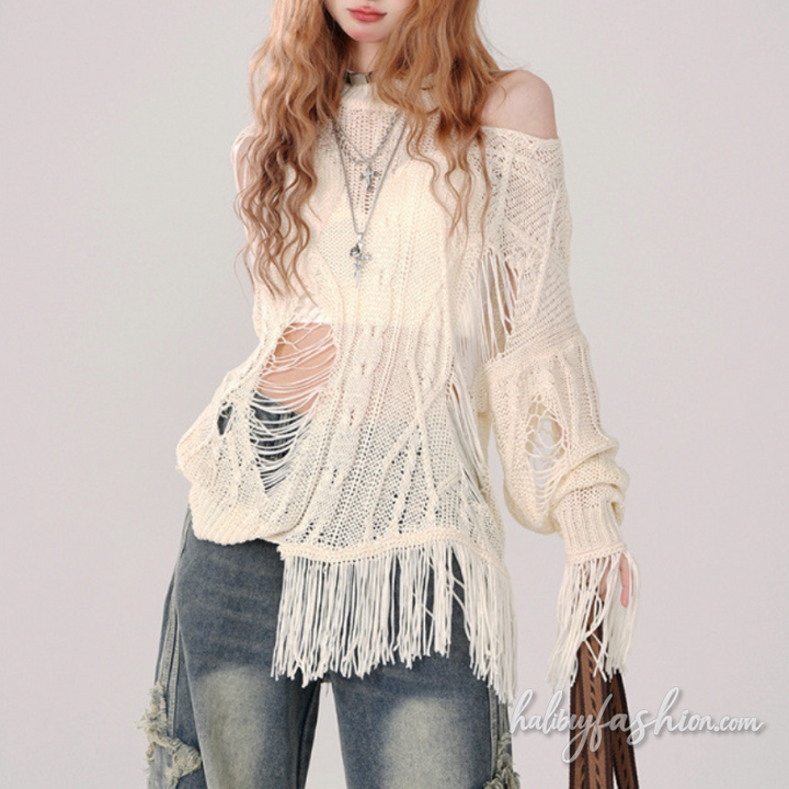 Hollow out long sleeve crewneck irregular top - Halibuy