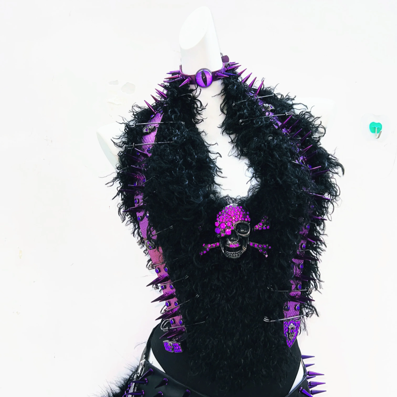 Halter skull applique rivet fluffy top  | Festival Outfits Women