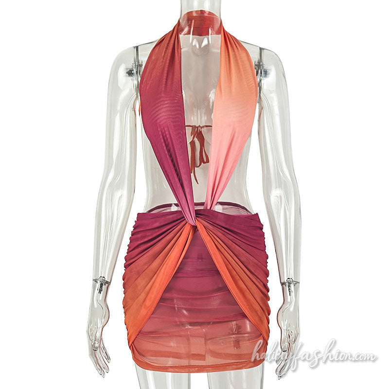 Halter self tie gradient deep v neck ruched mini dress - Halibuy - 3