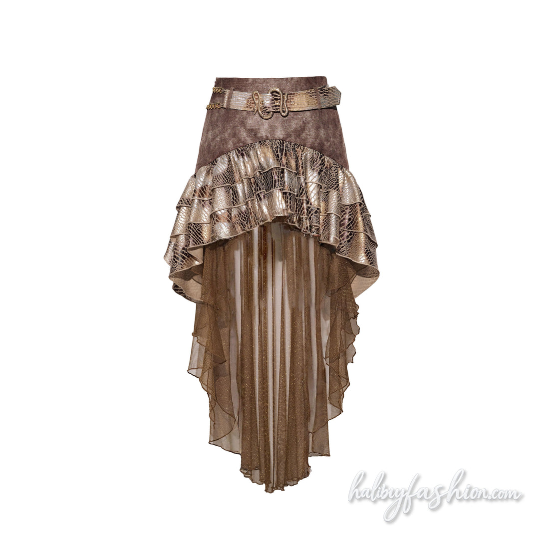 Ruffle snakeskin print belt mesh midi skirt