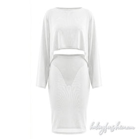 Long sleeve crewneck mesh solid mini skirt set