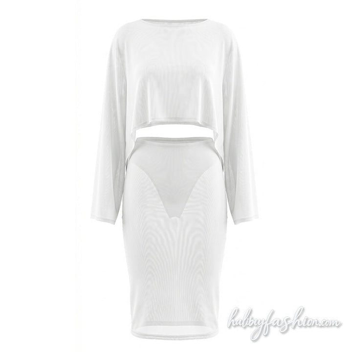Long sleeve crewneck mesh solid mini skirt set