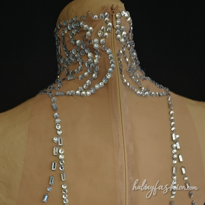 High neck beaded ruched ruffle zip-up mini dress - Halibuy - 6