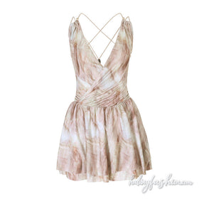 Cross back ruched print v neck mini dress