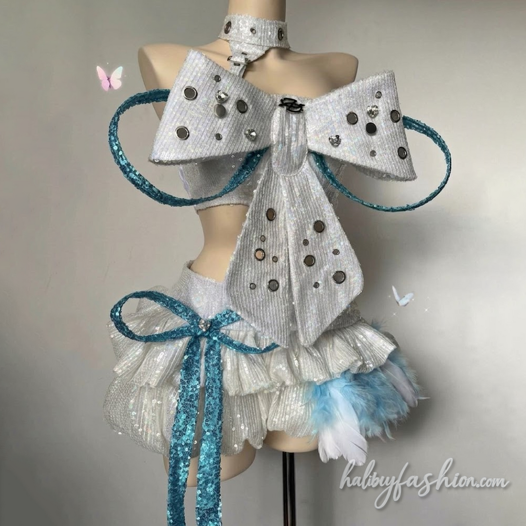 Bowknot glitter hollow out feather mini skirt set - Halibuy - 2