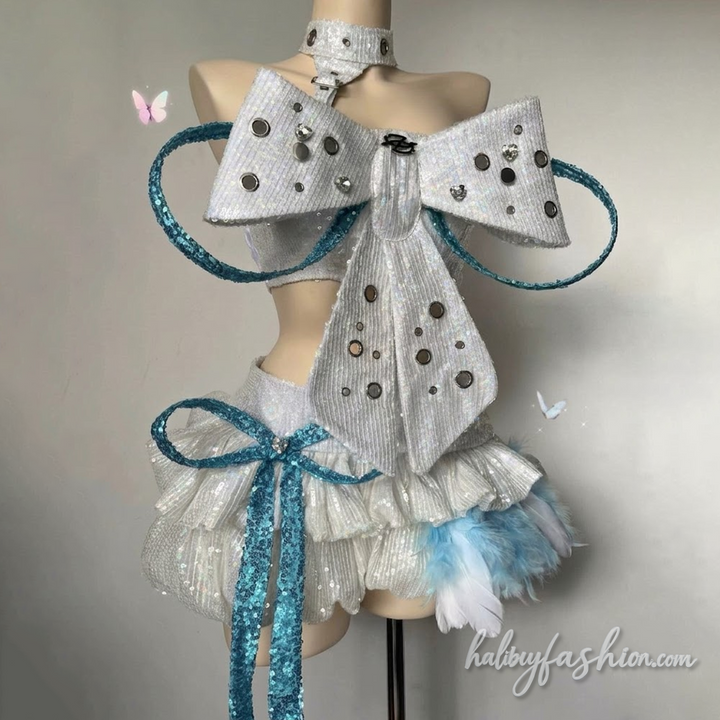 Bowknot glitter hollow out feather mini skirt set - Halibuy - 2