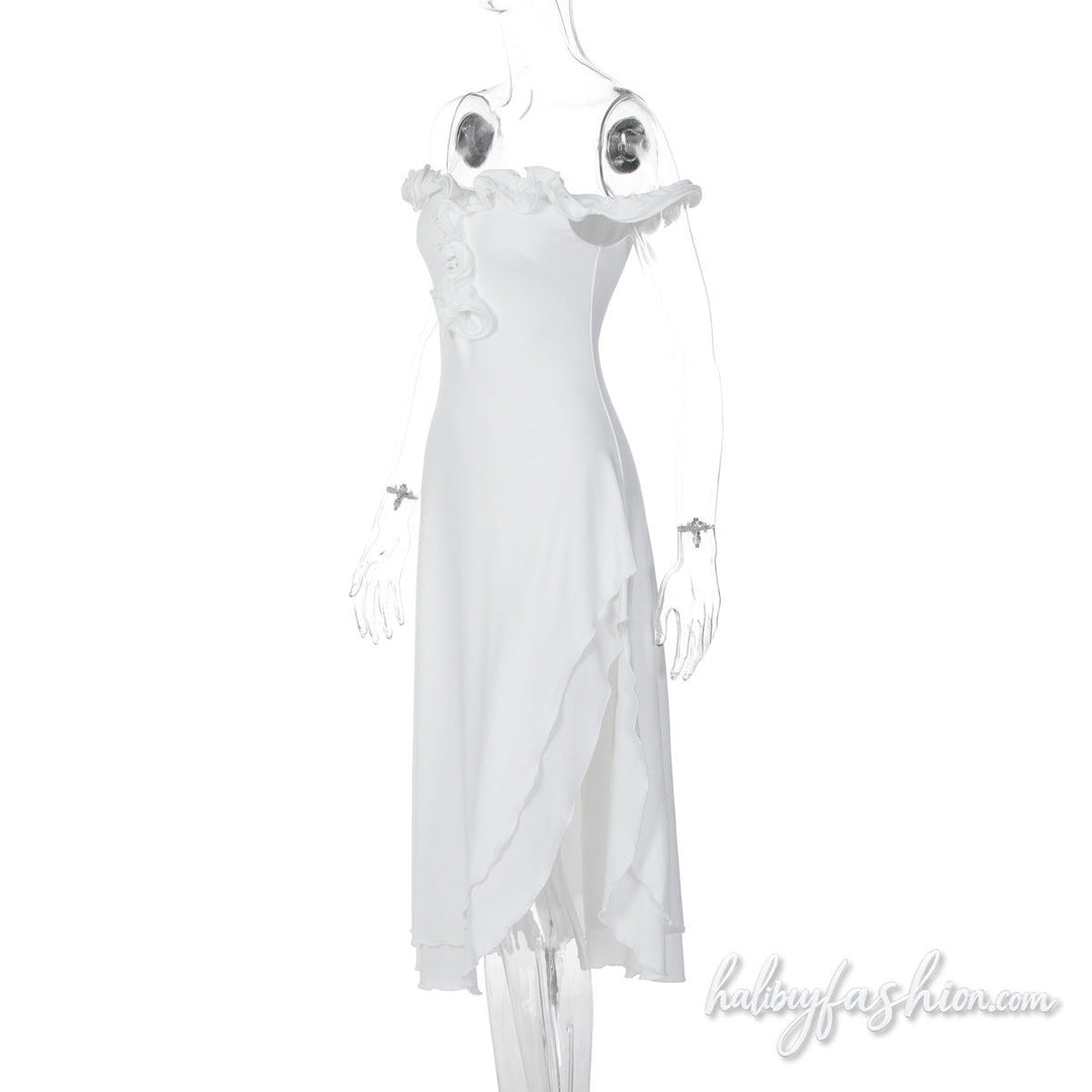 Off shoulder ruffle slit irregular hollow out midi dress - Halibuy - 3