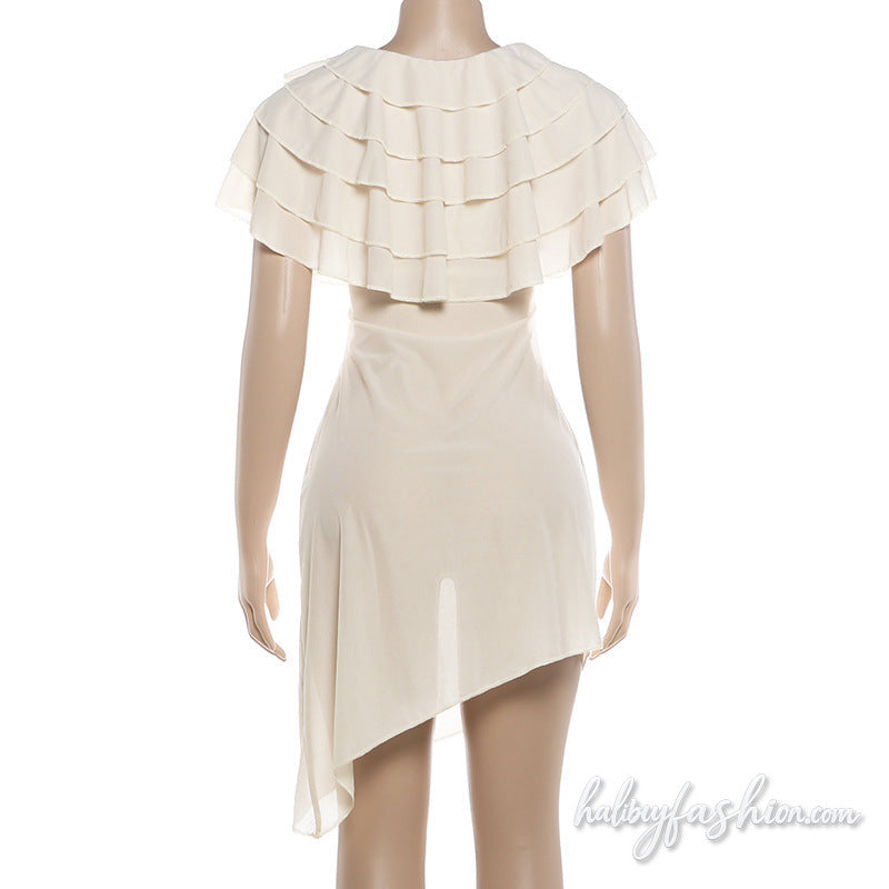 Crewneck ruffle irregular see through mini dress - Halibuy - 5