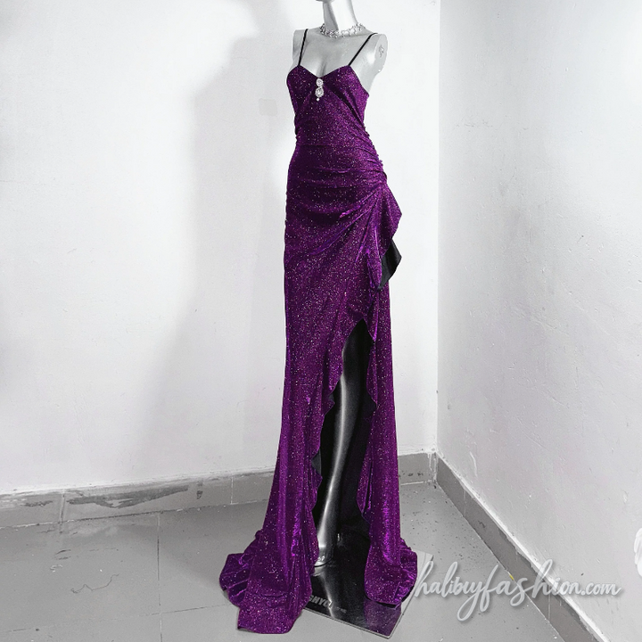 Irregular slit ruched v neck cami maxi dress